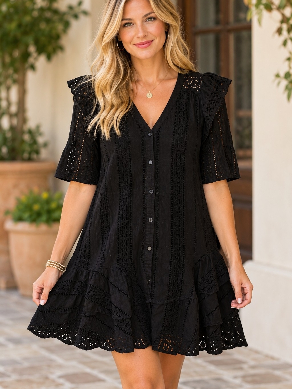Veronica Beard Sima Eyelet Mini Dress In Black